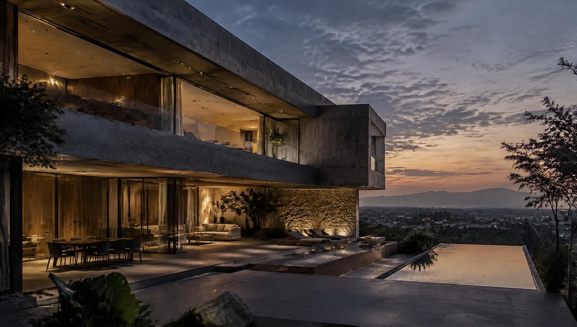 Residencia contemporánea de concreto y vidrio al atardecer